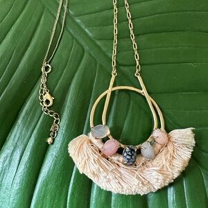 Anthropologie gold statement necklace beaded fringe tassel circle long boho pink
